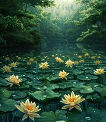 Fantasy landscape with yellow flowers in the pond - obrazy, fototapety, plakaty