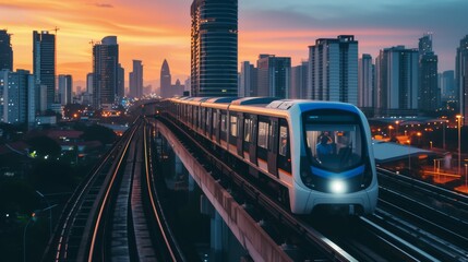 Moving train against the background of a skyscraper - obrazy, fototapety, plakaty