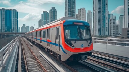 Moving train against the background of a skyscraper