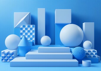 b'Blue geometric shapes composition with podium and spheres'