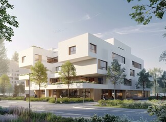 Fototapeta premium b'Modern apartment buildings with large windows and green surroundings'