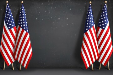 b'Three American flags on a dark background'