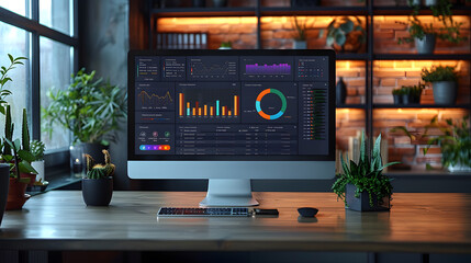 PC Computer Screen with Financial Analytical Data in a Modern Monitoring Office. 