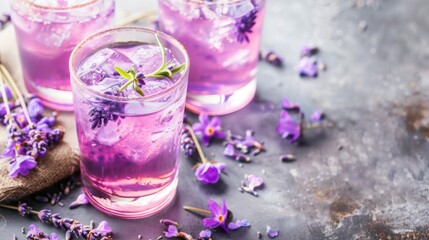 Obraz na płótnie Canvas Three Glasses With Purple Liquid and Lavender Flowers