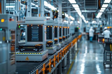 Visualize a cutting-edge facility focused on producing electric vehicle battery cells. Rows of sleek machines buzz with activity, each integral to the manufacturing process