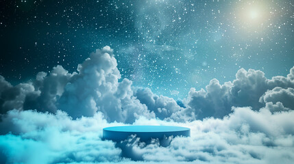 Minimal empty podium or stage for product presentation. Dreamlike landscape of a solitary circular platform above clouds under a starry sky. Generative AI