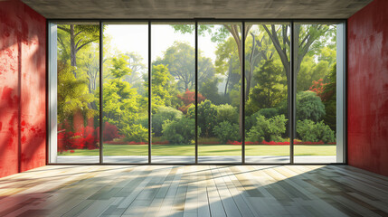 Modern empty room with red walls and large windows overlooking a lush garden.  Generative AI
