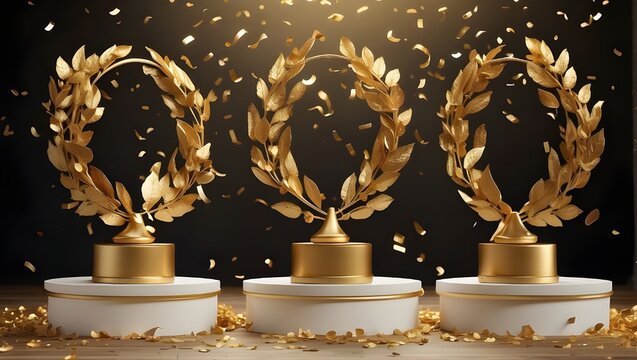 Golden Podiums and Confetti for Award Backgrounds, Laurel Wreaths and Podiums with Confetti for Celebratory Backgrounds, Golden Laurel Wreaths with Confetti for Olympic Backgrounds, Confetti and Podiu