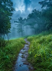 b'Misty forest path with vibrant green grass and blue sky'