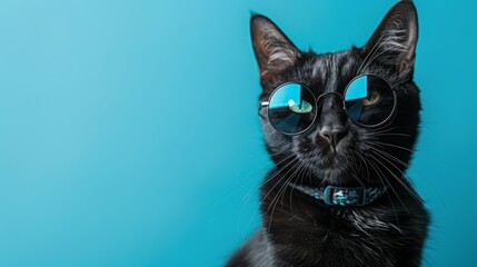 Stylish black cat donning round blue sunglasses against a vibrant turquoise background, Concept of quirky animal portraits and modern pet fashion