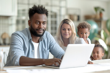 Young Black parent dad working from home office, African American father holding baby child daughter using laptop computer spending time with diverse multiracial family at home in the kitchen