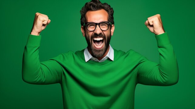 b'Ecstatic bearded man in glasses celebrating good news'
