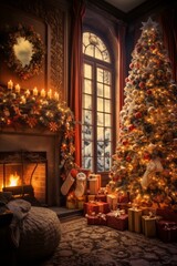 Fototapeta na wymiar b'Exquisitely Decorated Christmas Tree In A Luxurious Living Room'