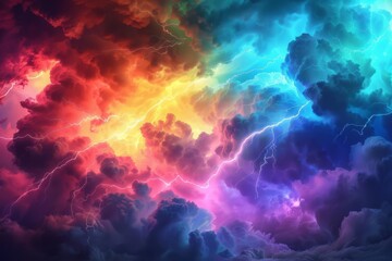 rainbowcolored clouds with dramatic lightning surreal digital illustration