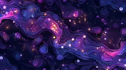 Obraz premium 3D render of abstract dark purple background with glowing waves and bubbles, vector illustration
