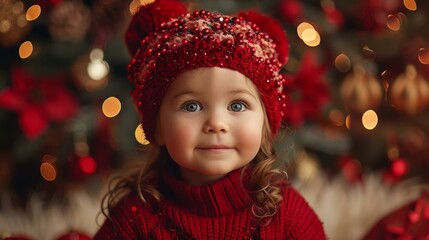 b'Little girl in red dress smiling in front of Christmas tree'