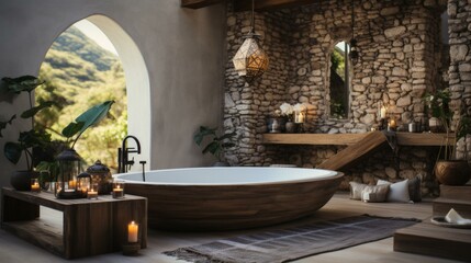 b'Bathroom with a wooden bathtub, stone walls, and a view of the mountains'