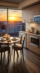 b'kitchen sunset city view urban apartment interior design'