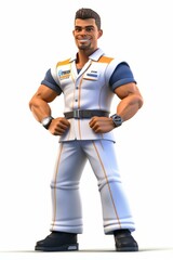 Naklejka premium b'A male mechanic with dark skin and brown hair wearing a white uniform with blue and orange details'