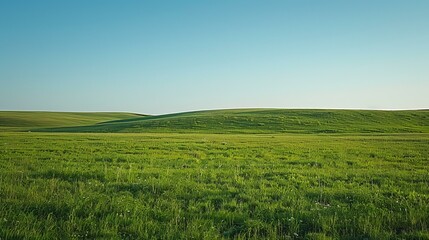 b'Vast green grassy field under clear blue sky'