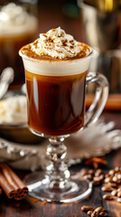 Irish Coffee Drink, Traditional Irish Coffee in Elegant Glass Mug