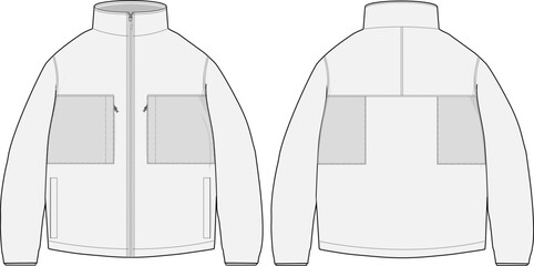 Fleece jacket vector design template front and back tech pack fashion flat cad mock up
