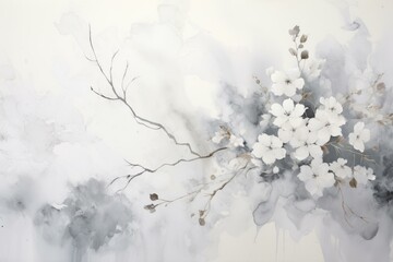 b'Black and white cherry blossom watercolor painting'