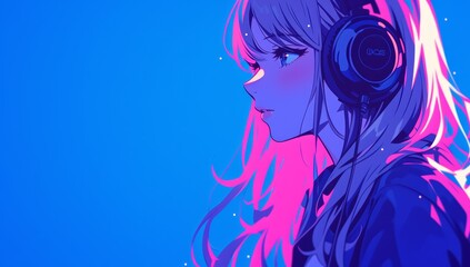 A vector illustration of an anime girl with headphones, purple and pink color palette, flat design, minimalistic