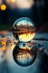 b'Close-up of a glass ball reflecting a forest and a setting sun' - obrazy, fototapety, plakaty