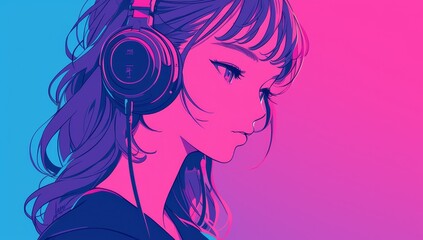 A vector illustration of an anime girl with headphones, purple and pink color palette