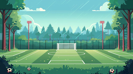 Outdoor soccer court scene in flat graphics