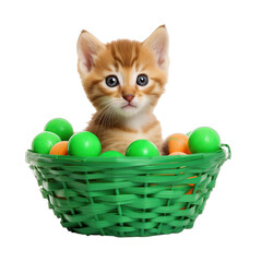 Fototapeta na wymiar A playful kitten lies in a basket with green balls Isolated on a white background