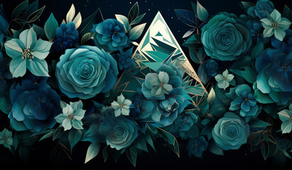 Moody midnight blue and emerald green florals intricately set in triangles, creating an enchanting seamless backdrop.