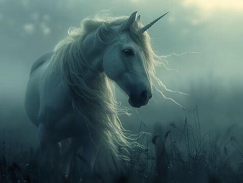 Capture the elegance of a shimmering unicorn, its majestic mane flowing, staring into the darkness Explore the juxtaposition of fear and allure, using an unexpected low angle to evoke a sense of myste