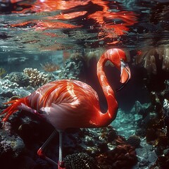 A flamingo gracefully swims in the crystal clear water, its vibrant pink feathers shimmering in the sunlight.