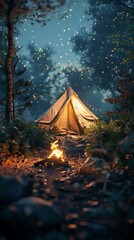Capture the essence of wilderness camping in a close-up shot, emphasizing a rugged tent amidst lush greenery, details of a crackling campfire, and a glimpse of a distant starlit sky