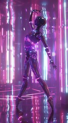 Capture the sleek lines of a robotic ballerina executing a perfect pirouette in a neon-lit cyber room, with a birds-eye view emphasizing the intricate fluidity of movements