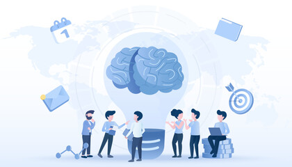 Business people talking, discussing, sharing and exchange information. Work together to solve problems, analyze data for  management, improvement, improvement. Flat vector illustration.