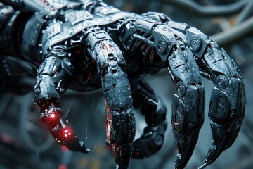 Delve into the intricate details of a robotic creatures metallic claws, capturing the ominous gleam under eerie lighting Generate suspense with a low-angle shot, emphasizing the looming presence