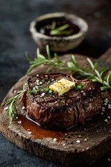 Juicy Medium Rare Steak with Herb Butter on Rustic Wooden Board