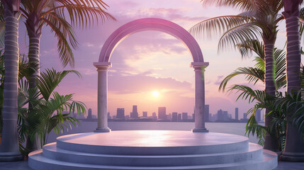 Modern urban sunset with an empty podium for product presentation framed by a circular arch and tropical foliage.  Generative AI