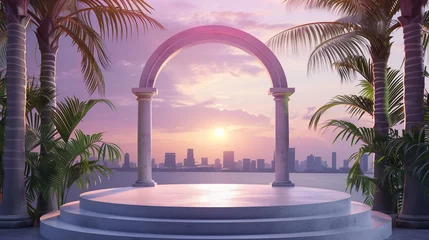Poster Modern urban sunset with an empty podium for product presentation framed by a circular arch and tropical foliage.  Generative AI © Odin