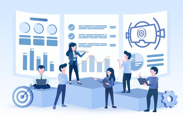 Business people discussing and brainstorming concepts. Exchange ideas, share information, and analyze data. Online dashboard project and teamwork. Flat vector illustration.