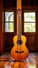 b'A nylon-string acoustic guitar is propped up against a wooden wall with two windows in the background'