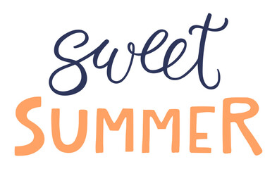 Sweet summer handwritten typography, hand lettering quote, text. Hand drawn style vector illustration, isolated. Summer design element, clip art, seasonal print, holidays, vacations, pool, beach - 795450760