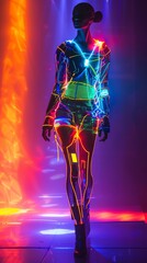 Illustrate a high-tech runway showcasing avant-garde fashion trends inspired by robotics Create a mesmerizing fusion using vibrant colors and futuristic elements, illuminated by innovative lighting ef