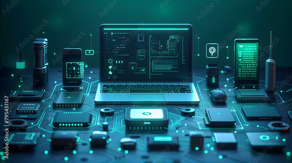 Wall mural 3d render of a computer monitor displays a complex network of wires and devices,digital and technolo
