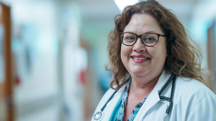 Medica mulher acima do peso sorrindo no hospital - obrazy, fototapety, plakaty
