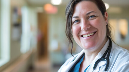 Medica mulher acima do peso sorrindo no hospital - obrazy, fototapety, plakaty