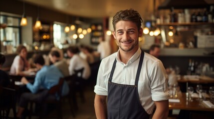 b'Portrait of a male chef smiling in a restaurant'